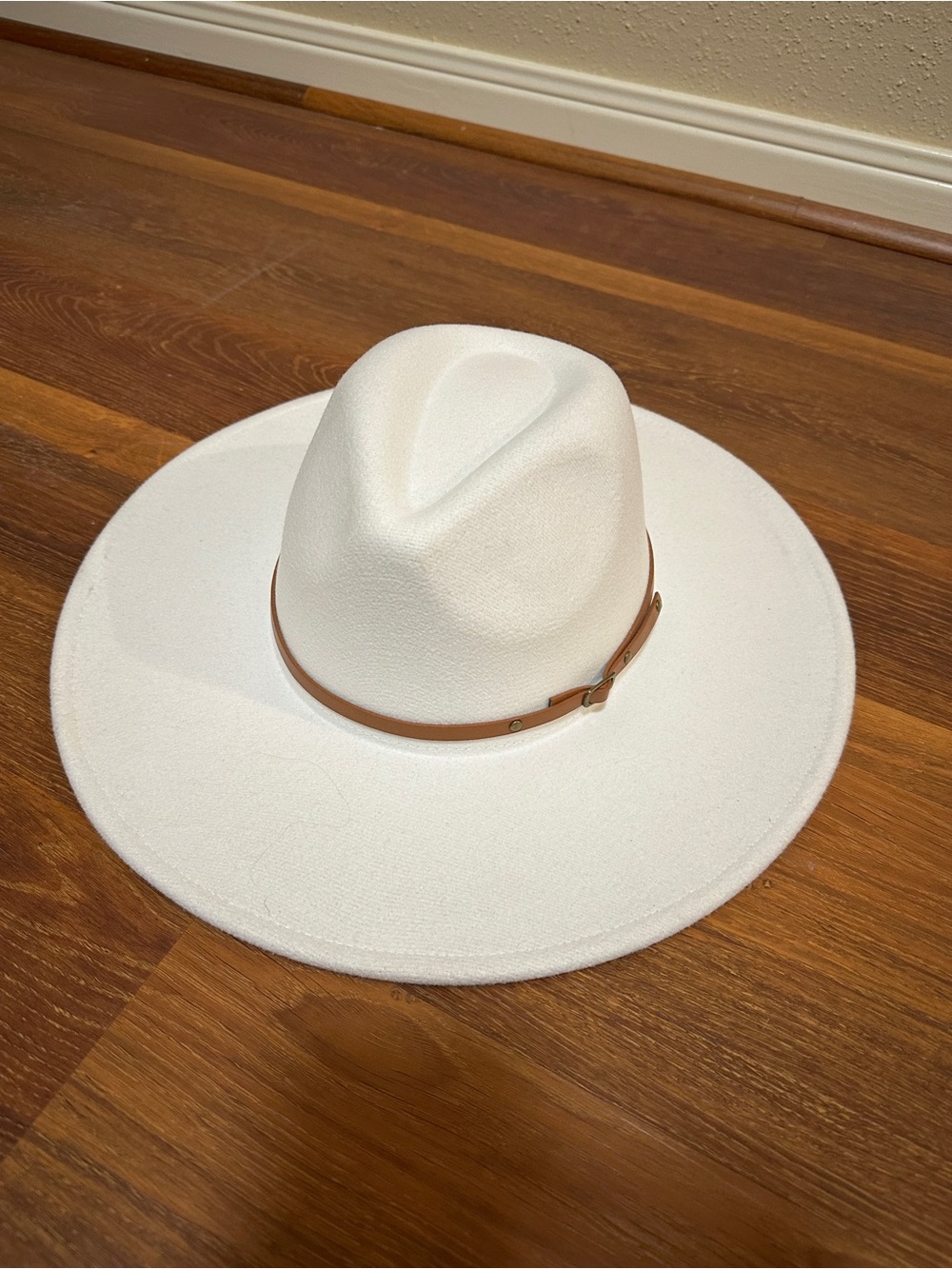 White Wide Brim Fedora with Brown Band - Women's Hat
